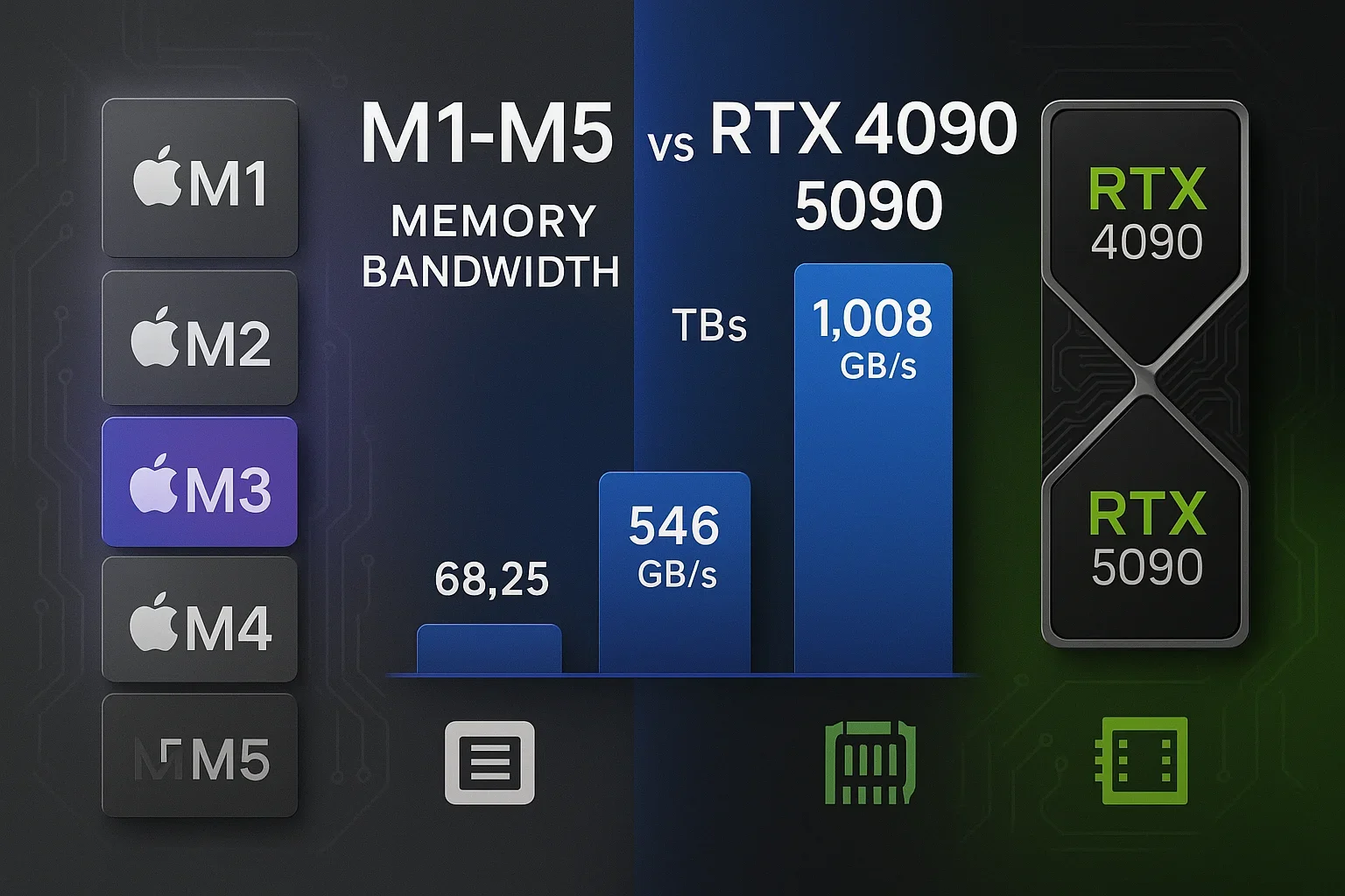 Apple Silicon vs NVIDIA Memory Bandwidth: M1 to M5 and RTX 4090/5090 Compared