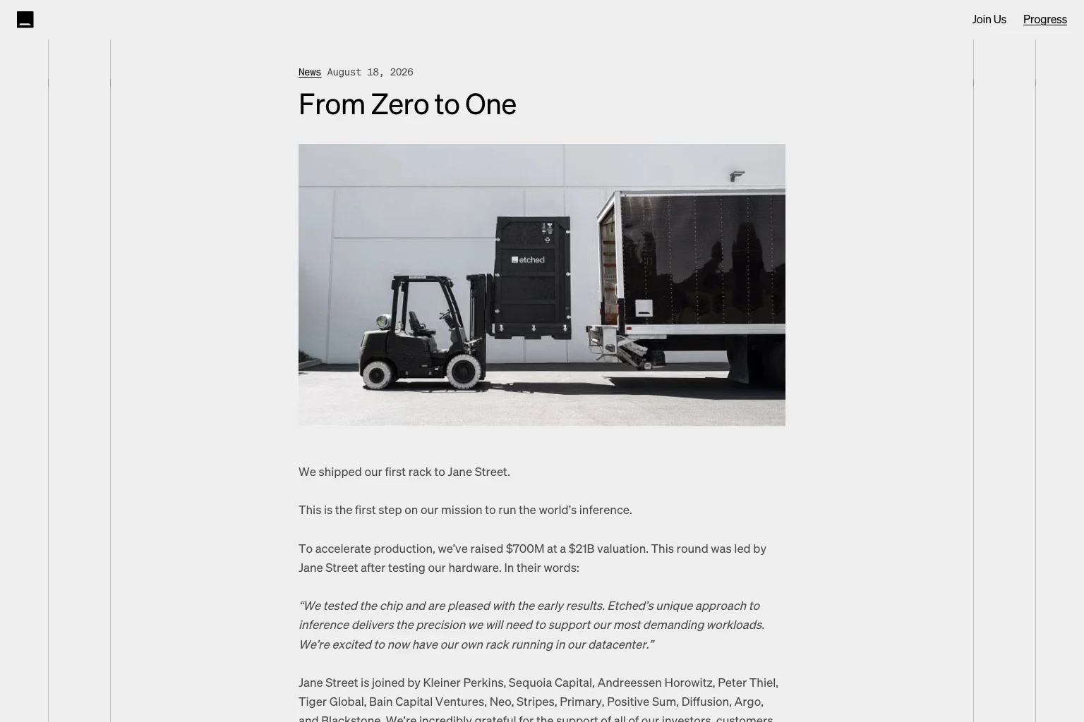 Etched Raises $700M at a $21B Valuation - First Rack Shipped to Jane Street