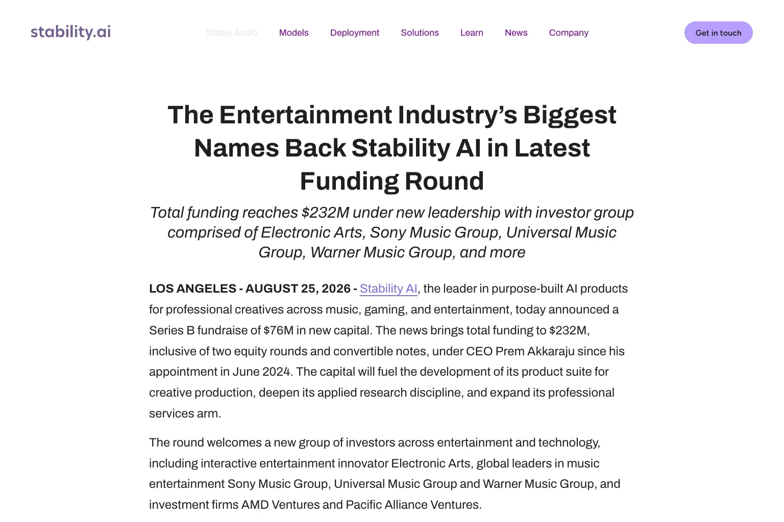 Stability AI Raises $76M Series B - EA, Sony, Universal and Warner Join as New Investors