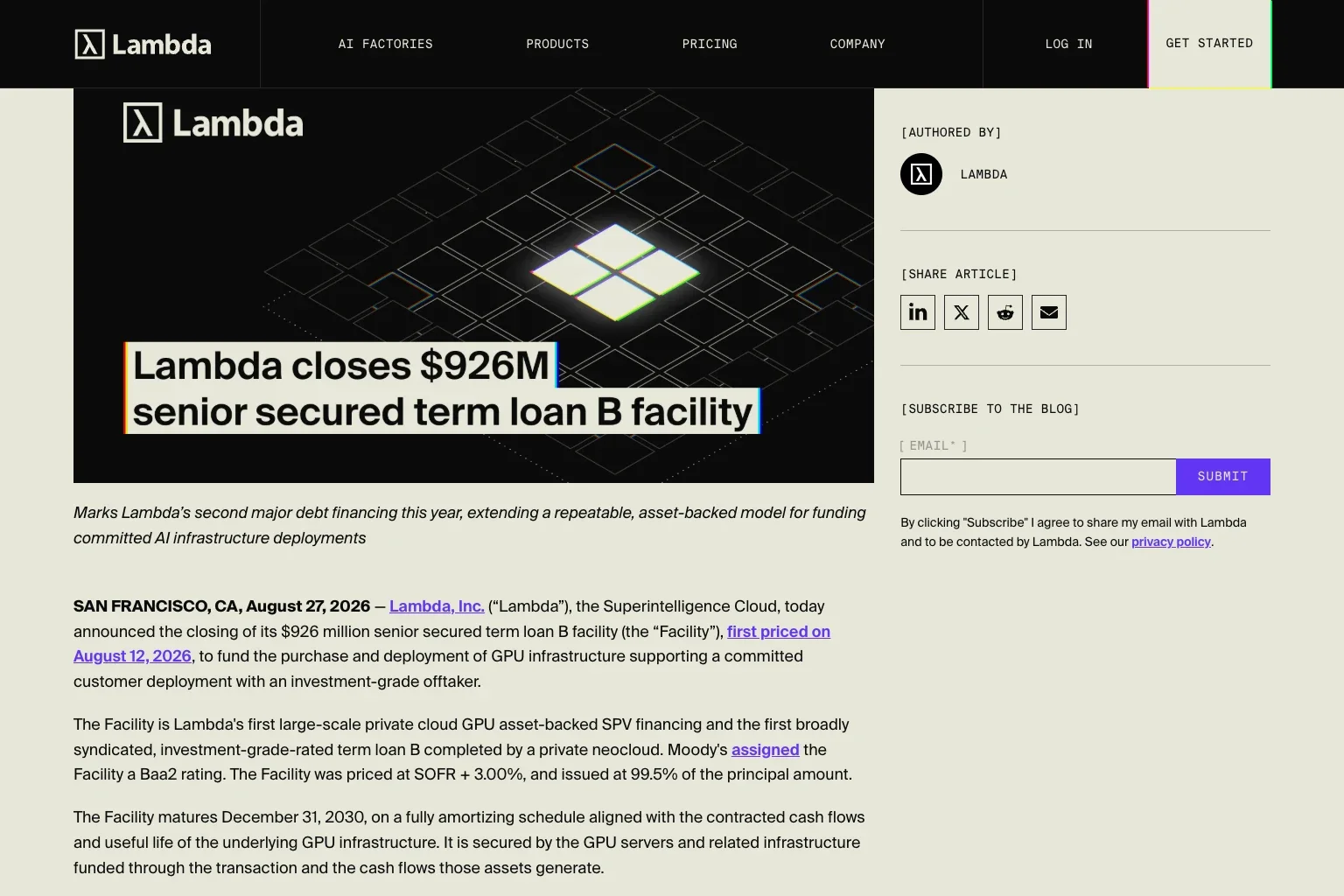 Lambda Closes a $926 Million Term Loan B Secured by GPUs