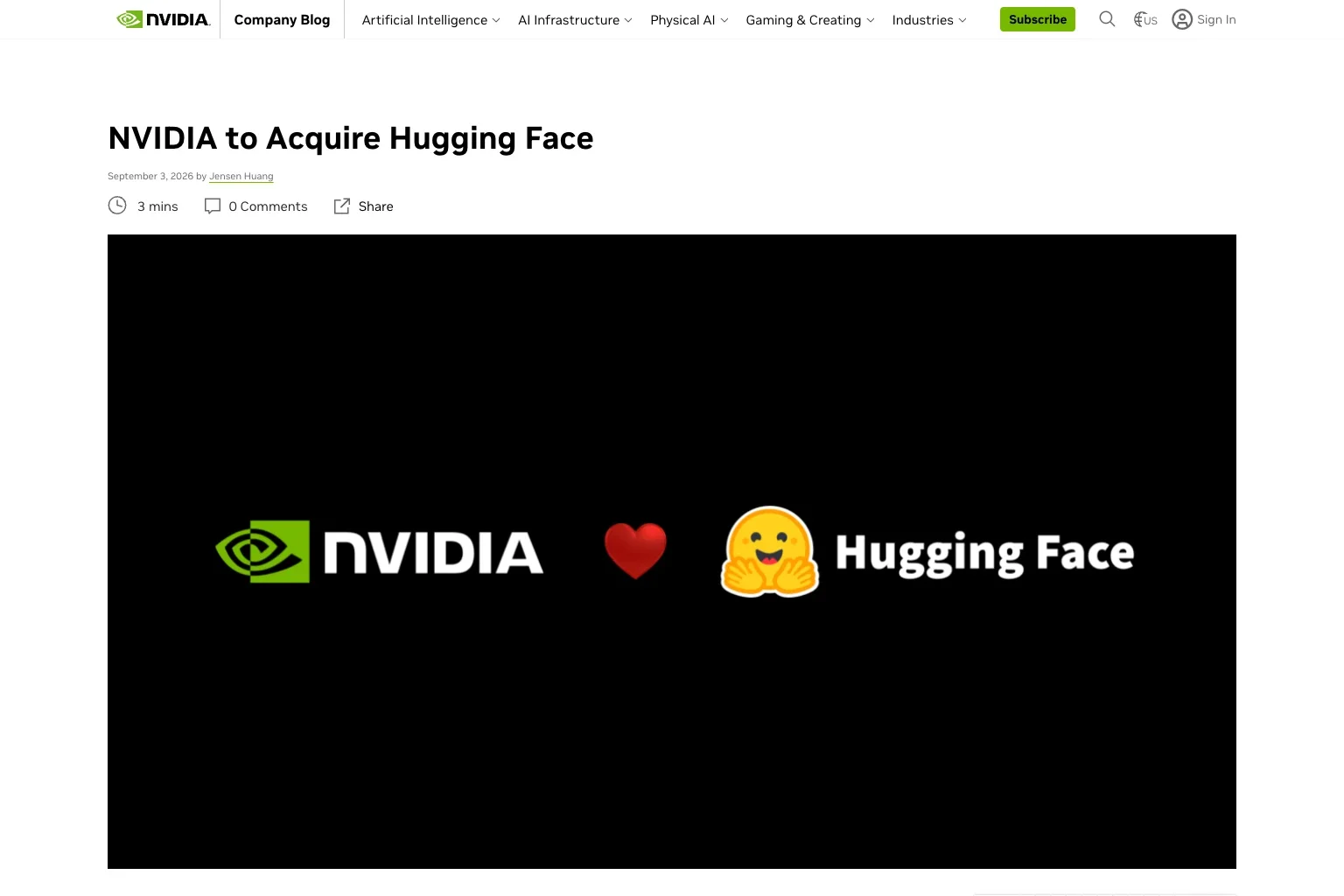 NVIDIA Agrees to Acquire Hugging Face for $12,930,300,000 - "NVIDIA Compute Will Not Be Required"